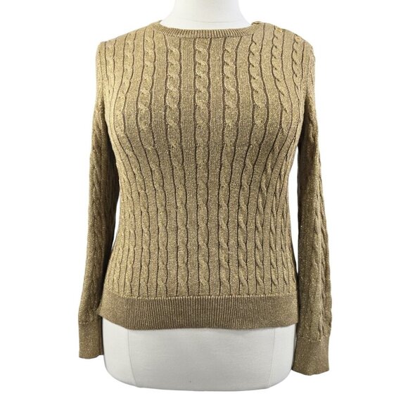Lauren Ralph Lauren Gold Metallic Cable Knit Button Trim Sweater Old Money - Picture 1 of 7
